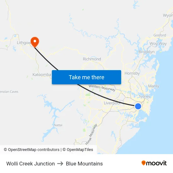 Wolli Creek Junction to Blue Mountains map