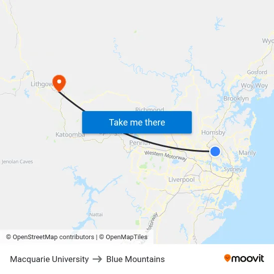 Macquarie University to Blue Mountains map