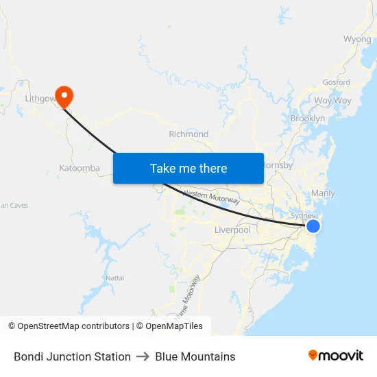 Bondi Junction Station to Blue Mountains map