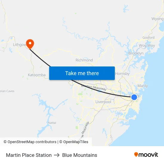 Martin Place Station to Blue Mountains map