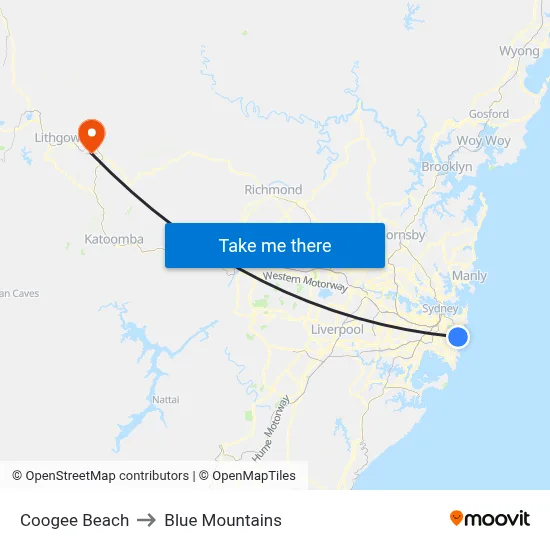 Coogee Beach to Blue Mountains map