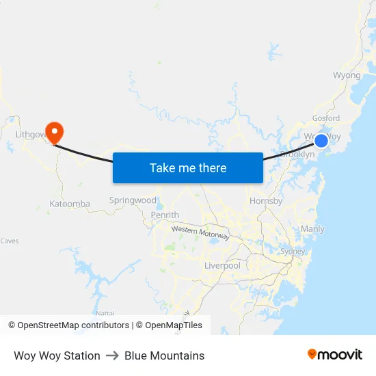 Woy Woy Station to Blue Mountains map