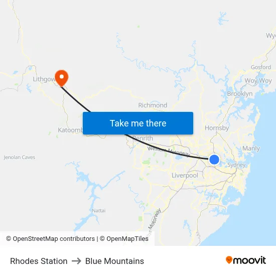 Rhodes Station to Blue Mountains map