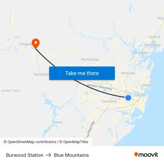Burwood Station to Blue Mountains map