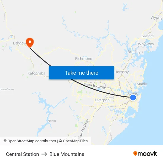 Central Station to Blue Mountains map