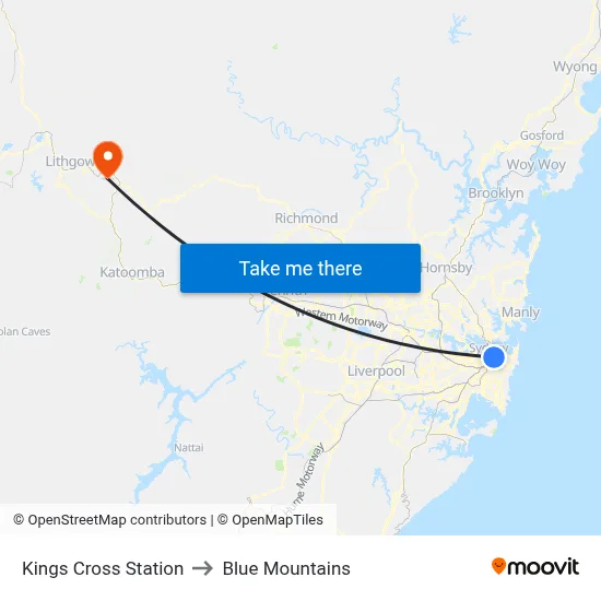 Kings Cross Station to Blue Mountains map