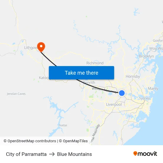 City of Parramatta to Blue Mountains map