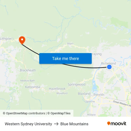 Western Sydney University to Blue Mountains map