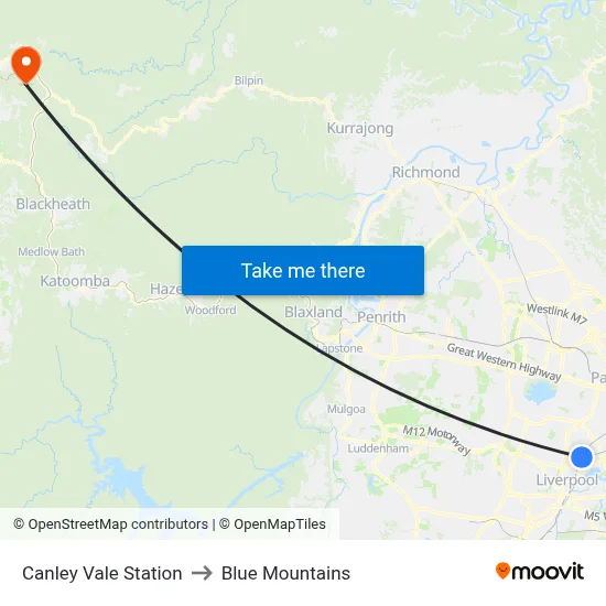 Canley Vale Station to Blue Mountains map