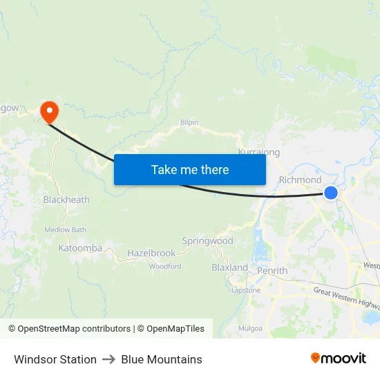 Windsor Station to Blue Mountains map