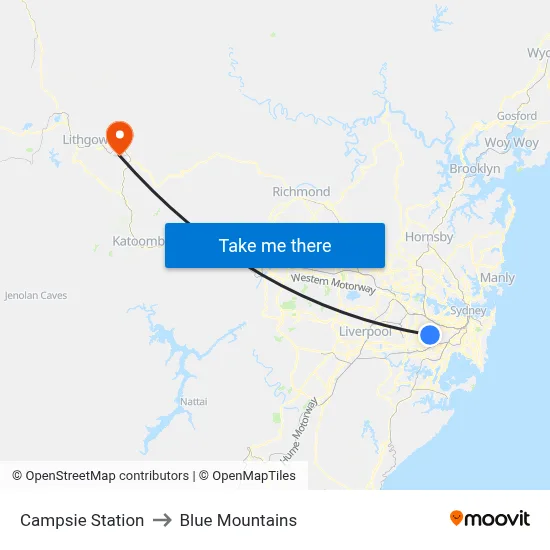 Campsie Station to Blue Mountains map