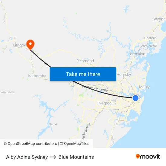 A by Adina Sydney to Blue Mountains map