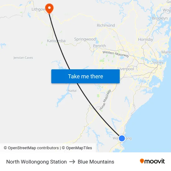 North Wollongong Station to Blue Mountains map