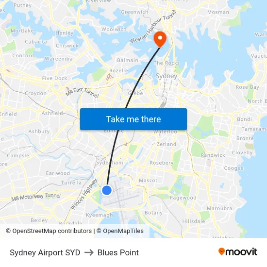 Sydney Airport SYD to Blues Point map