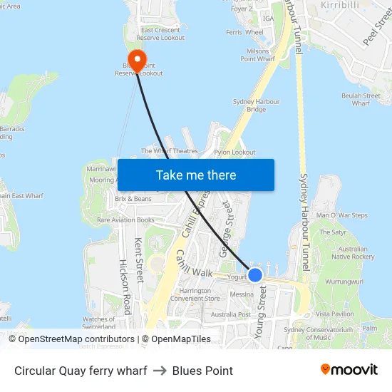 Circular Quay ferry wharf to Blues Point map