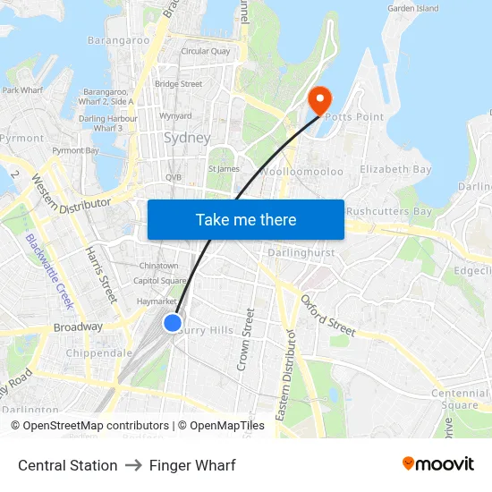 Central Station to Finger Wharf map