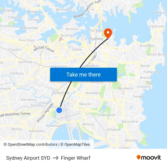 Sydney Airport SYD to Finger Wharf map