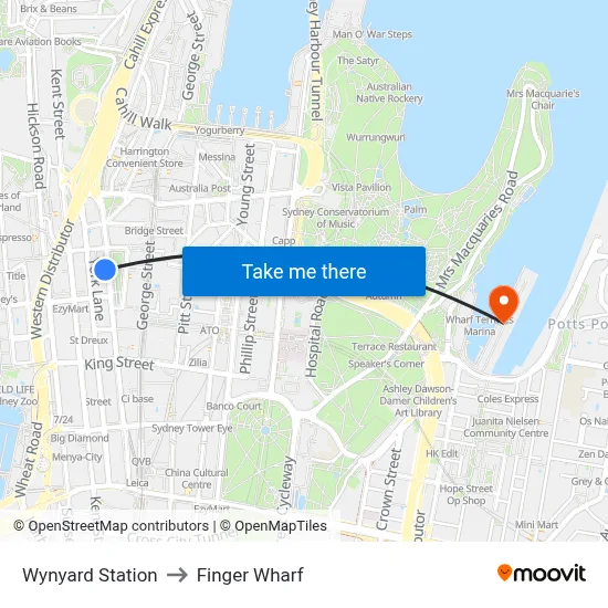 Wynyard Station to Finger Wharf map