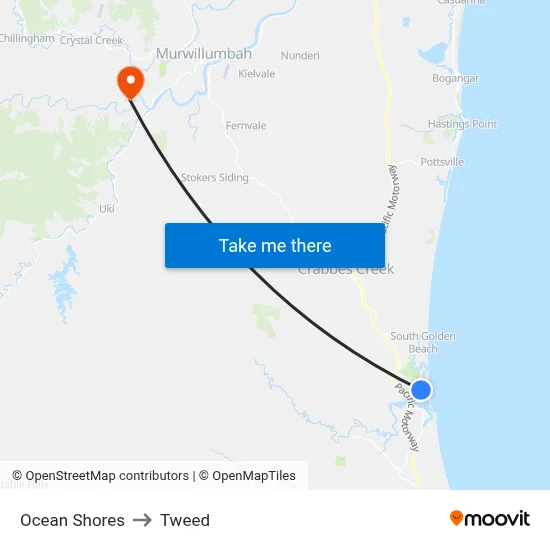 Ocean Shores to Tweed map