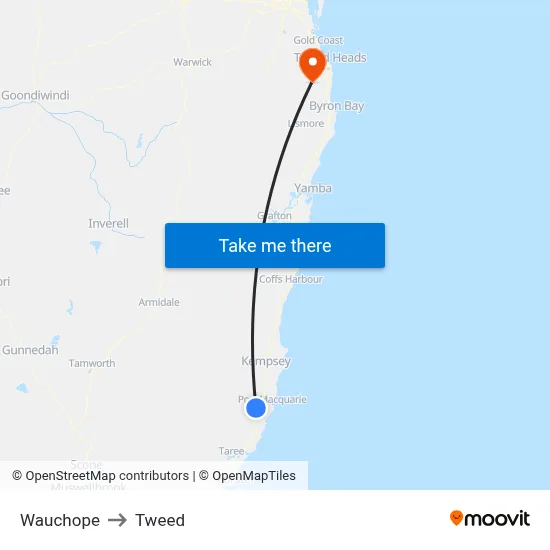 Wauchope to Tweed map