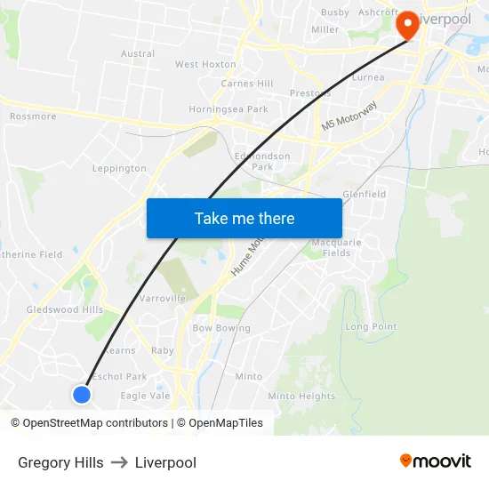 Gregory Hills to Liverpool map