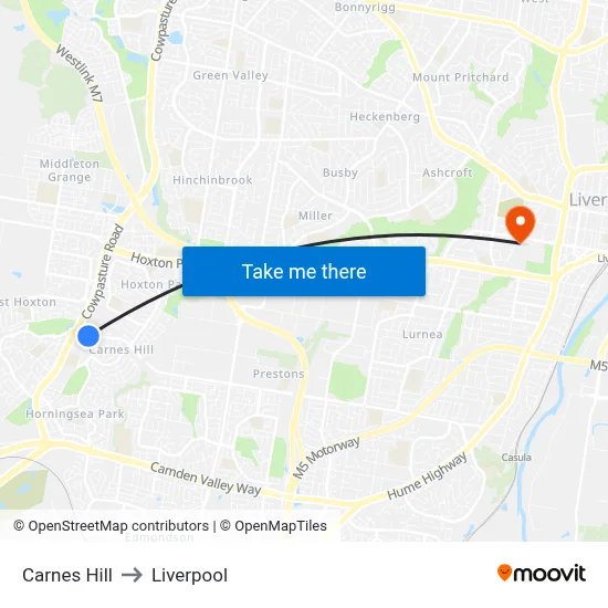 Carnes Hill to Liverpool map