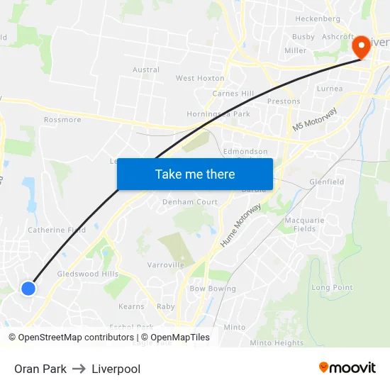 Oran Park to Liverpool map