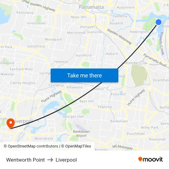 Wentworth Point to Liverpool map