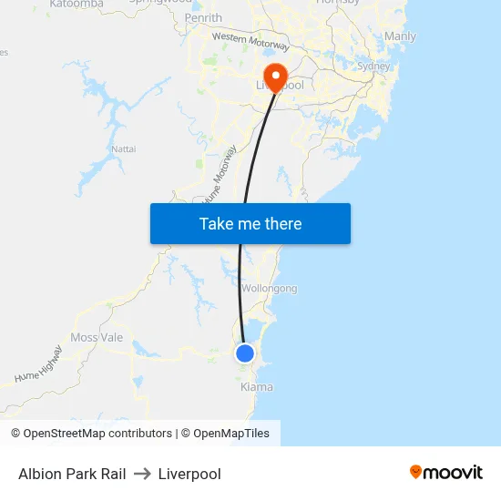 Albion Park Rail to Liverpool map