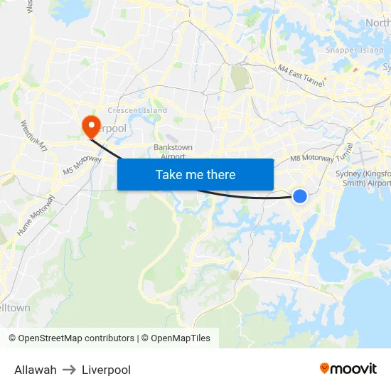Allawah to Liverpool map