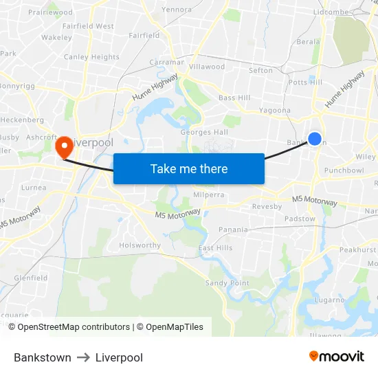 Bankstown to Liverpool map