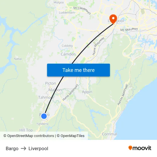 Bargo to Liverpool map