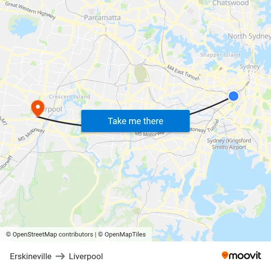 Erskineville to Liverpool map
