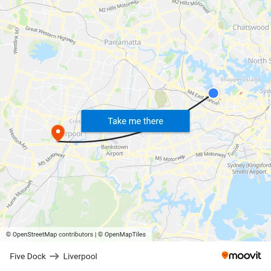 Five Dock to Liverpool map