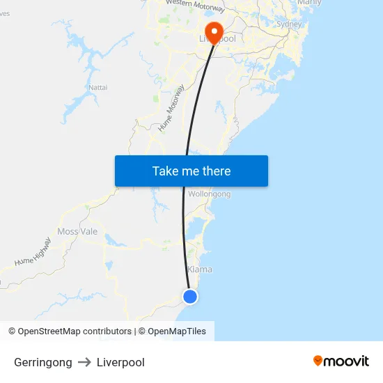 Gerringong to Liverpool map