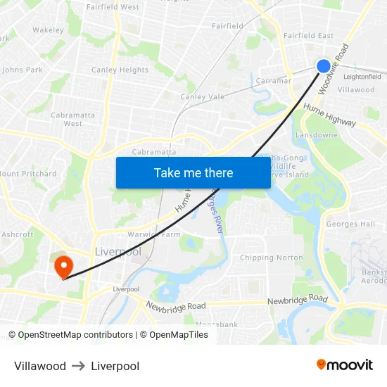 Villawood to Liverpool map