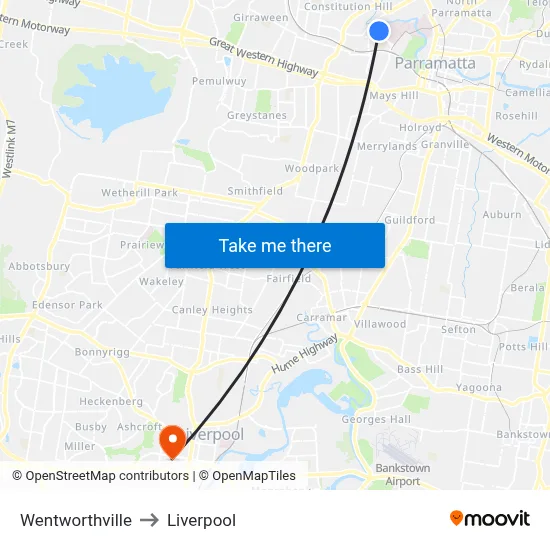 Wentworthville to Liverpool map