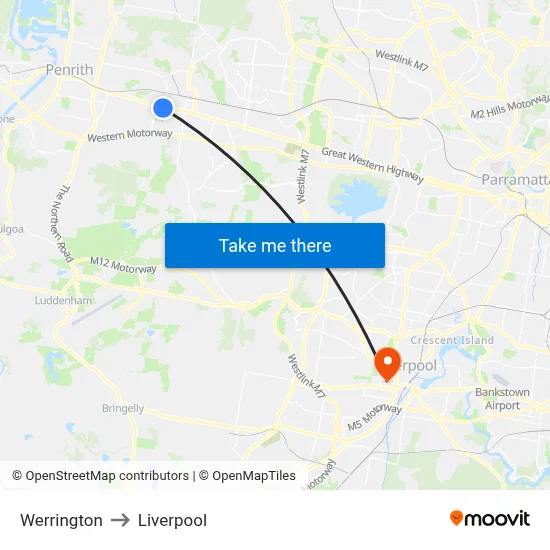 Werrington to Liverpool map