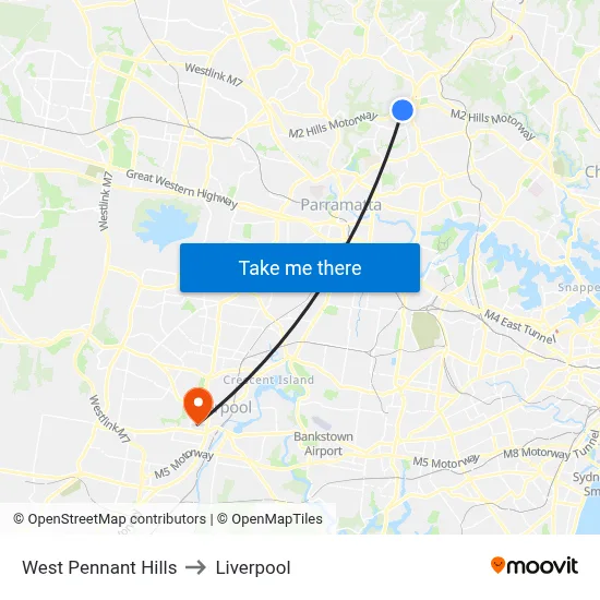 West Pennant Hills to Liverpool map