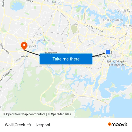 Wolli Creek to Liverpool map