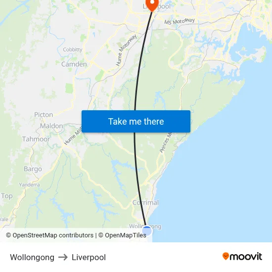 Wollongong to Liverpool map