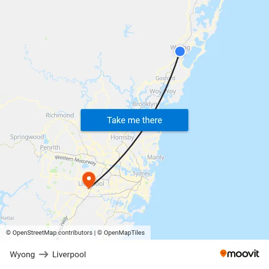 Wyong to Liverpool map