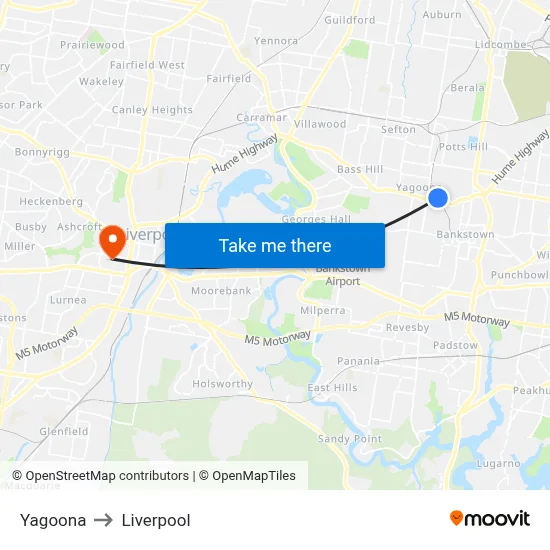 Yagoona to Liverpool map
