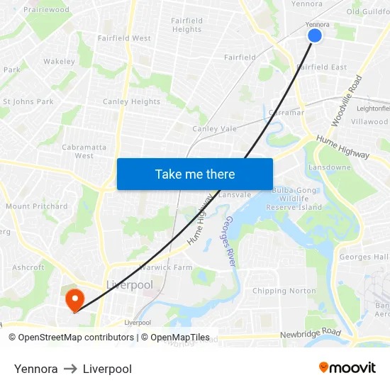Yennora to Liverpool map