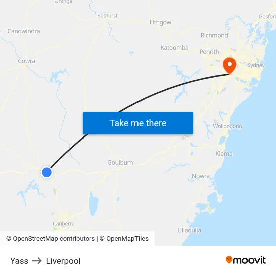 Yass to Liverpool map