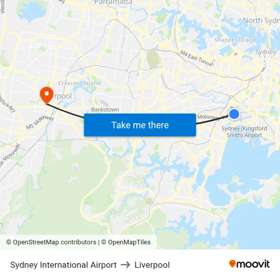 Sydney International Airport to Liverpool map