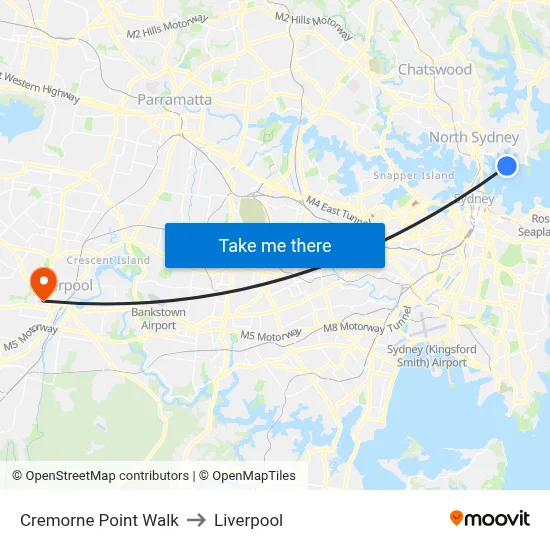 Cremorne Point Walk to Liverpool map