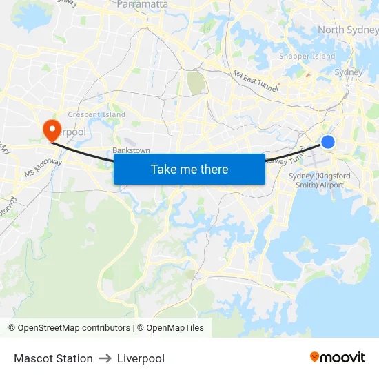 Mascot Station to Liverpool map