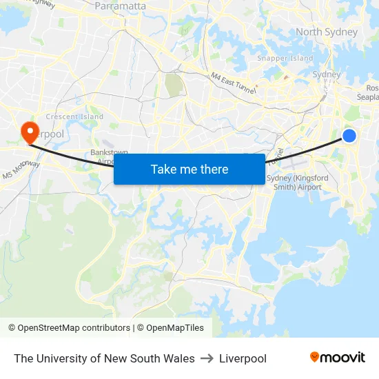 The University of New South Wales to Liverpool map