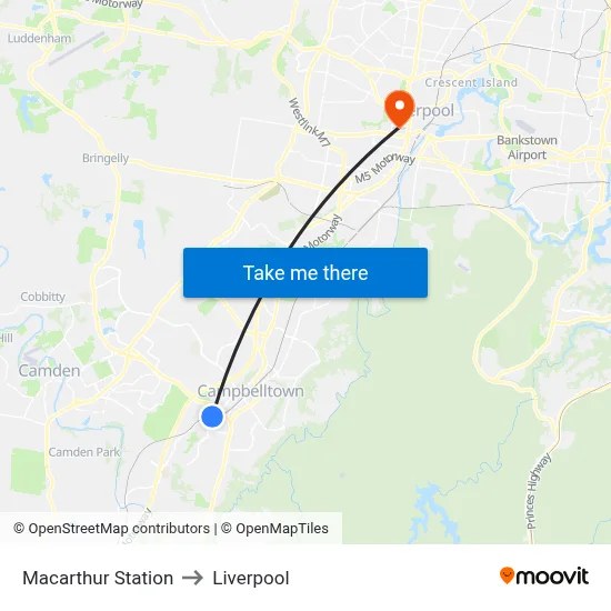 Macarthur Station to Liverpool map